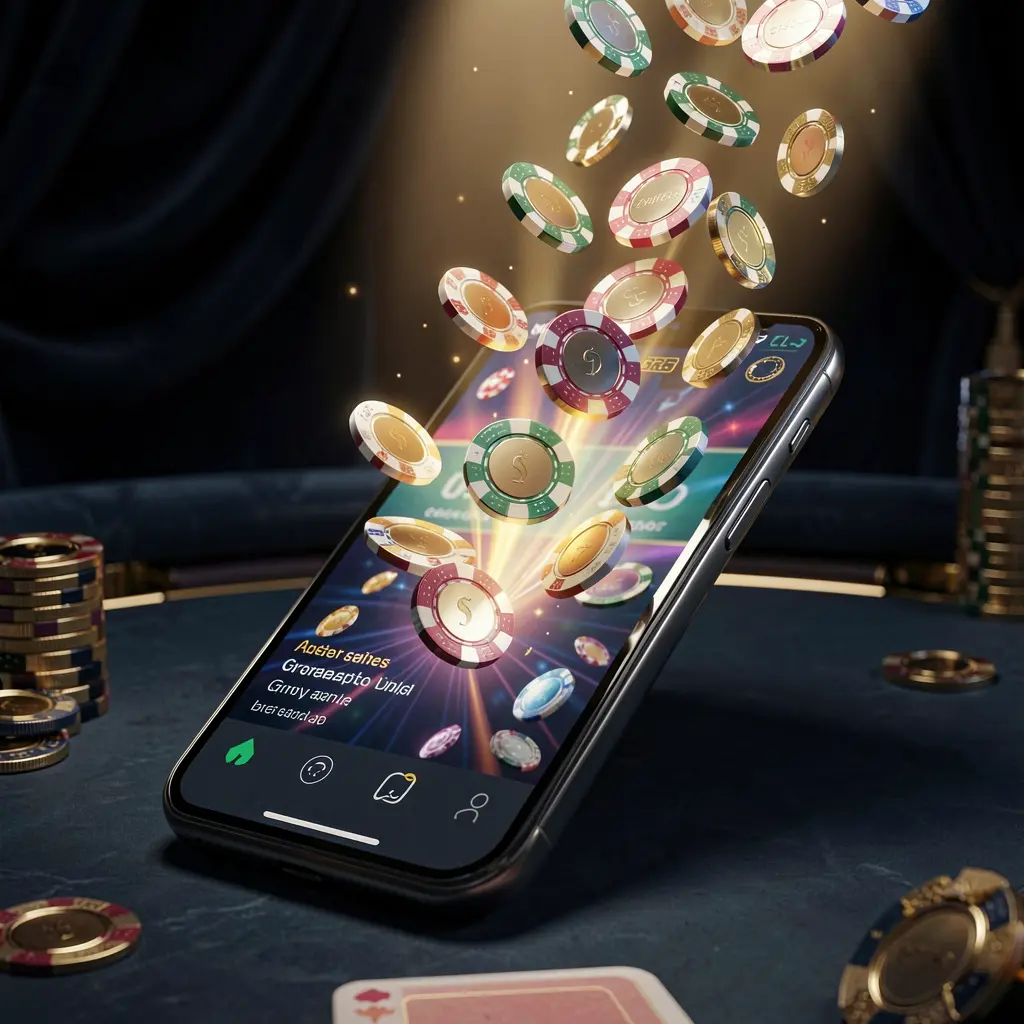GO4444 online gaming app displayed on a smartphone screen with glowing casino chips and coins emerging, set against a luxury dark background with cinematic lighting in a high detail 3D render