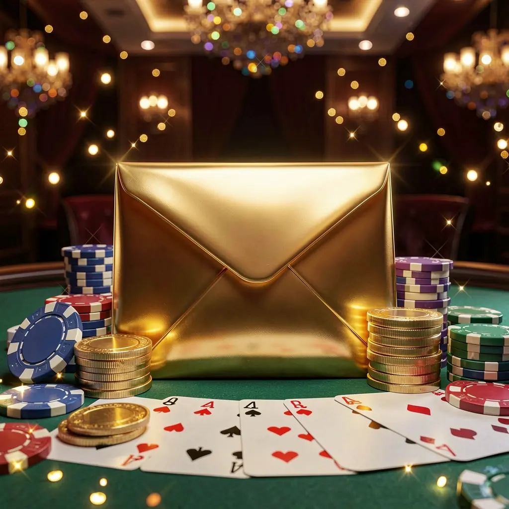GO4444 exclusive casino promotion scene featuring a golden envelope surrounded by chips, coins, and playing cards with sparkling lights on a luxury dark background