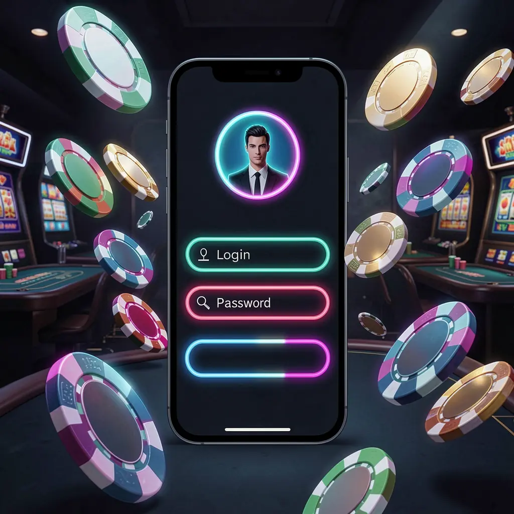 GO4444 mobile casino login screen with neon glowing abstract UI shapes on a phone, surrounded by flying chips and coins in a dark premium casino atmosphere