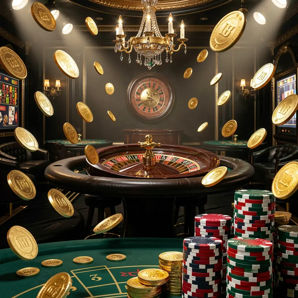 GO4444 online casino main page background featuring dramatic casino lights, golden coins flying, stacked poker chips in the foreground, and a roulette wheel behind in a luxury black and gold atmosphere